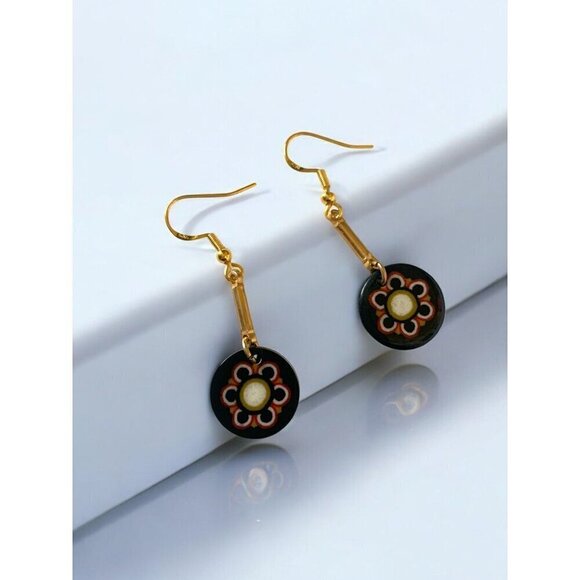 Handmade Ceramic & Enamel Floral Dangle Earrings Black Red White Gold 925 Hooks - Picture 4 of 7